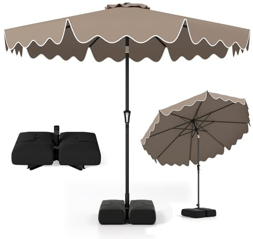 COSTWAY 2.71M/2.8M/3M Garden Parasol, 8 Ribs Heavy-Duty Sun Shade Canopy with Tilt and Ruffled Edges, Outdoor Market Table Umbrella for Beach Balcony Pool(Brown-with Weighted Base, 2.8m)