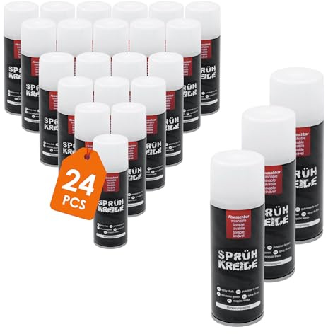 Spetebo Gesso spray bianco solubile in acqua, bomboletta da 100 ml, set da 24 pezzi, per esterni, lavabile, gesso liquido per strade, marcatura pavimenti, per campi sportivi, prati, asfalto non