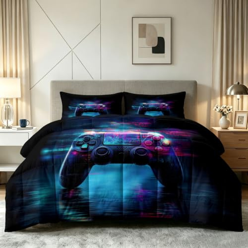 Generiskt täcke 155 x 220 cm 4 årstider – 3D e-sportstil sommar täcke, tvättbar barnfilt utan överdrag – neon gaming controller – barnsängkläder med 2 örngott