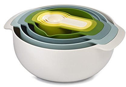 Joseph Joseph Nest 9 Plus - Juego de 9 piezas apilables, cuencos para mezclar, con bol grande y pequeño, colador y 5 tazas medidoras, Opal - Acero inoxidable