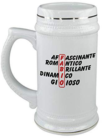 bubbleshirt Boccale da birra Compleanno - Fabio e aggettivi simpatici - evento - in ceramica - capienza 50 cl - idea regalo
