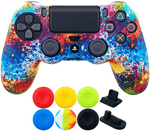 9CDeer 1 x Stück Schutzfolie Transferdruck Silikon Hülle + 6 Thumb Grips & Staubdichte Stecker für PS4/Slim/Pro-Controller Farbe malen