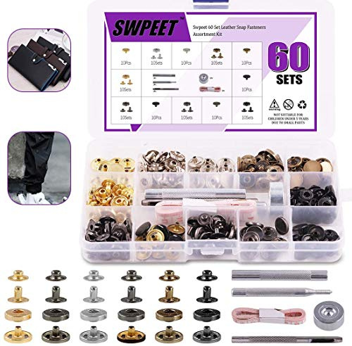65Pcs 12.5mm Leather Snap Fasteners Kit, Including 6 Colors 60 Sets Leather Rivets with 4Pcs Fixing Tools and Soft Tape Measure, Metal Button Leather Snap Fasteners Press Studs Kit for Clothes