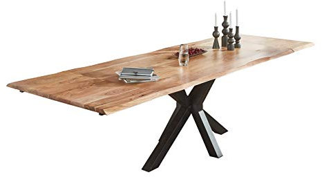 SAM Baumkantentisch 200 (300) x 100 cm Spencer, Akazienholz naturfarben & massiv, Esszimmertisch mit 2 Ansteckplatten, Mattschwarzes Spider-Metallgestell, Platte 35mm