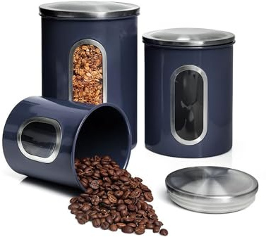 MiXPRESSO 3 Piece Blue Canisters Sets For The Kitchen, Kitchen Jars With See Through Window | Airtight Coffee Container, Tea Organizer, And Sugar Canister, Kitchen Canisters Set of 3 (Blue) | See-through window, coffee container, tea organizer, sugar canister, 3 nesting sizes, counter decor, easy press-on lids