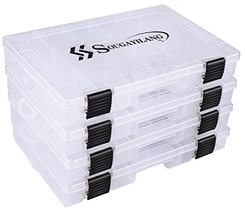 Sougayilang Angelzubehör-Boxen – 3600 3700 Kunststoff-Aufbewahrungsbox mit herausnehmbaren Trennwänden – Angelgeräte-Aufbewahrung – 4 Packungen 3600 transparente Tackle-Ablagen