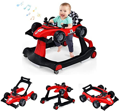 DREAMADE Lauflernhilfe, 4 in 1 Autoförmiger Lauflernwagen mit einstellbarer Geschwindigkeit, Musik & Licht, Babywalker Höhenverstellbar & Klappbar, Gehfrei Baby ab 6 Monate (Rot)