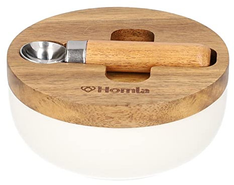 HOMLA Mooka Zuckerdose mit Deckel und Löffel - Zuckerbehälter Aufbewahrung für Zucker Schale - Schönes Design Porzellan Akazienholz Edelstahl