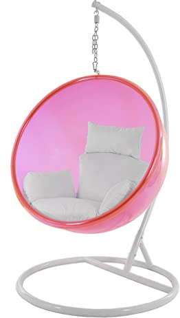 Kideo® Komplettset: Hängesessel mit Gestell & Kissen, Halbschale, Bubble, durchichtig (Gestell: weiß/Korb: pink (Magenta), Kissen: weiß (1000 Snow))