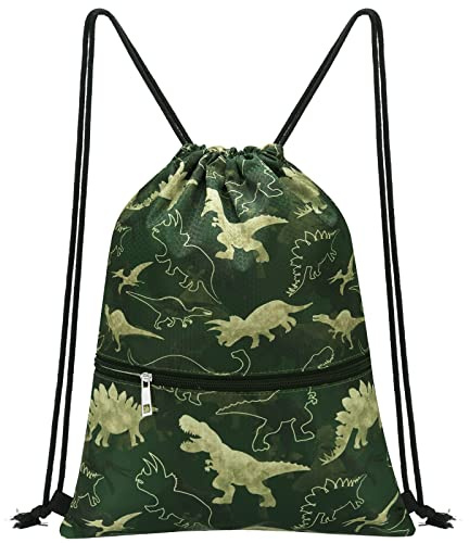 WAWSAM Kids Drawstring Gym Bag with Zippered Pocket String Backpack | Dinosaur Swim Bag Waterproof School Gym PE Bags for Boys Swimming Travel Beach Shopping Sports