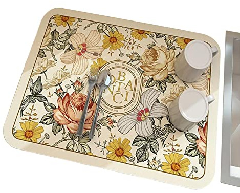 Estera de secado para platos de flores vintage - Cojín de drenaje de secado rápido de lodo de diatomeas resistente al calor - Tapete de goteo Tela de poliéster impresa Tech Paño para encimera
