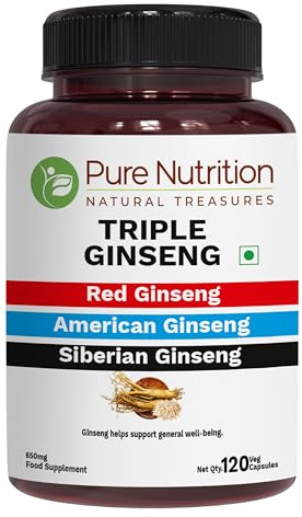 Pure Nutrition Triple Ginseng 650mg | 120 Caps | Supplememtfor Men and Women | Highly effective combination of Red, American and Siberian Ginseng. NON GMO