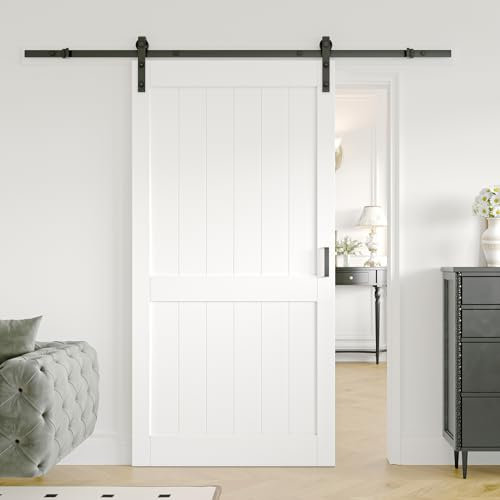 ARK DESIGN 42 x 84inch Sliding Barn Door with 7FT Sliding Door Hardware Kit, Pre-Drilled Holes Easy Assembly - Solid MDF Slab Covered with Water-Proof PVC Surface, White,H-Shaped Frame