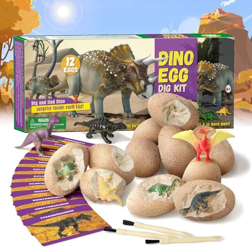 Kit di Scavo di Dinosauri,12 Pezzi Kit di Scavo di Uova di Dinosauro,Giocattolo con Uova di Dinosauro,Kit di Scavo per Ragazzi e Ragazze di 6+ anni,Giocattoli Educativi di Apprendimento Bambini Regalo