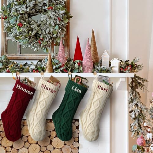 papasgix Weihnachtsstrumpf Personalisiert 18” Klassische Gestrickt Bestickte Nikolausstrumpf mit Namen Christmas Stockings Kamin Hängenden für Feiertags, Familienparty, Dekoration
