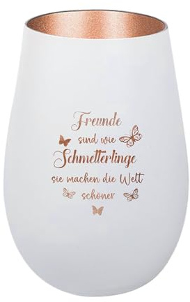 Der-Porzellan-Laden Windlicht mit Gravur Freunde sind wie Schmetterlinge | Weiß Bronze, Teelichthalter aus Glas mit Spruch, Tischdeko modern