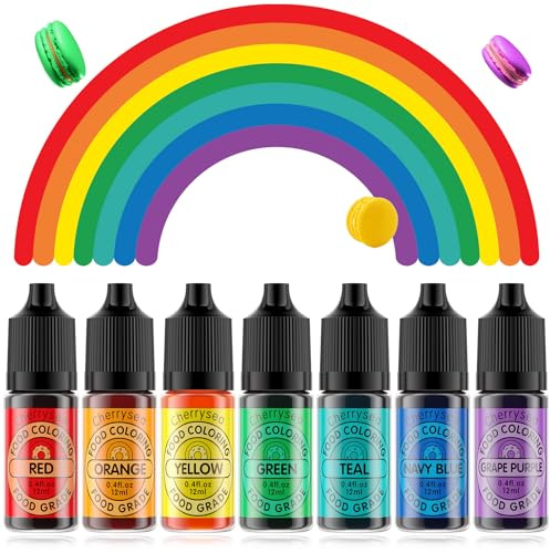 Cherrysea Food Coloring for Cake Decorating Rainbow Edible Food Dye for Halloween Baking Royal Icing Cookie Supplies Gluten Free 7x12ml Food Grade Liquid Food Color Kit, 0.4 Fl. Oz/Bottles