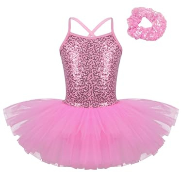 Oyolan Vestido de Danza Ballet Niña Princesa Vestido Tutu Lentejuelas Espalda Cruzada Traje Ropa de Baile Maillot Monos de Danza Clásica Traje de Bailarina Rosa G 5-6 años