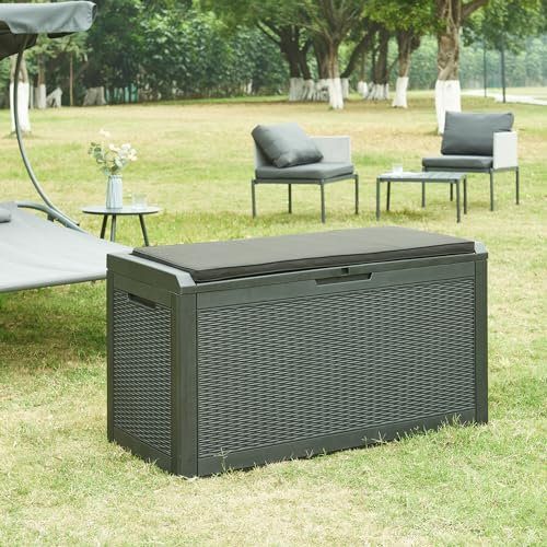casa.pro Arcón para Exteriores de 380 L Caja de Almacenamiento para Exteriores Baúl Almacenaje de Jardín con Asas y Varilla Hidráulica Plástico/Poliéster 122x55x65 cm - Efecto Ratán Negro