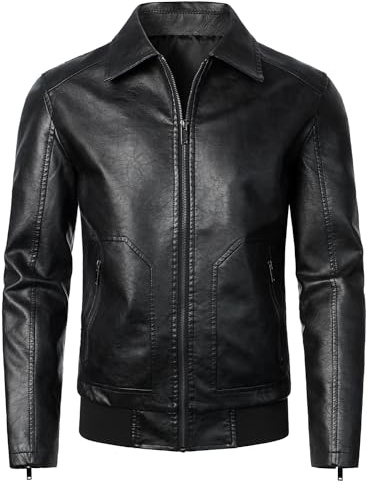 HOOD CREW Mens Faux Leather Bomber Jacket Classic Style Motorcycle Jackets Black L