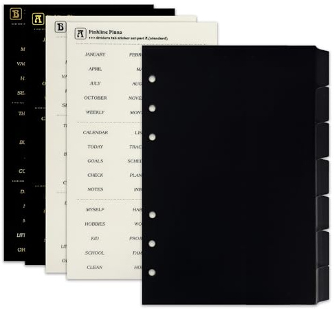 Zelten PP Binder Index Dividers with Folder & 4 Sheets Tab Stickers for Personal Organizer (PP Black 7-Folder Tab, A5/6 Hole)