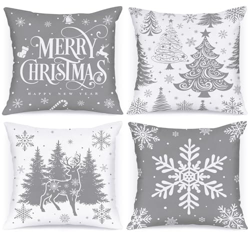 Lanpn 40 x 40 cm 4 Stück Kissenbezug Weihnachten, 40x40 cm Weihnachtsbäume Kissenbezüge Weihnachtsdeko, Grau deko Weihnachtsbäume Zierkissenbezug, Winter Kissenhülle Dekoration für Sofa Bed Couch