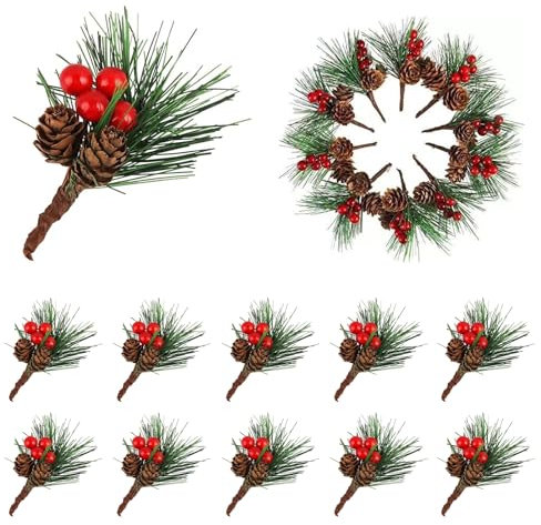 Mini Künstliche Kiefernhacke mit roten Beeren und natürlichen Tannenzapfen 20 Stück Weihnachtsbeeren Picks Künstliche Tannenzapfen immergrünen Kiefernzweigen und Stechpalmenbeeren für Diy Weihnachten