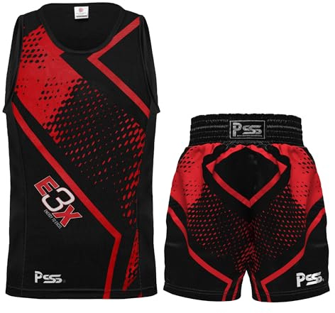 PSS Boxningsuniform kort och väst (tvådelad) – professionell träning och sparring Fight Boxing Competition Gear Lätt, andningsbart och fukttransporterande tyg för pojkar och flickor, Röd, 9-10 år
