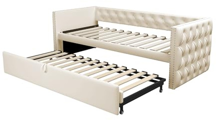 Azkoeesy Sofá Cama Extraíble 90x200 cm, Cama Nido Convertible en Doble 180x200 cm, Polsterbett con Somier de Lamas, Cama Huésped Multifuncional, Terciopelo Suave, Beige (Sin Colchón)