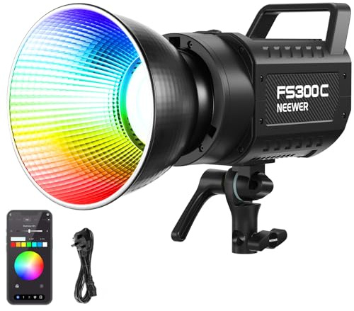 NEEWER 300W RGB LED Video Light APP/2.4G Control 17 Effects, 2500-7500K 29000lux/1m COB Continuous Output Lighting, CRI95+/TLCI97+ 4 Dimming Curves Bowens Mount Spotlight for Studio Shoots, FS300C