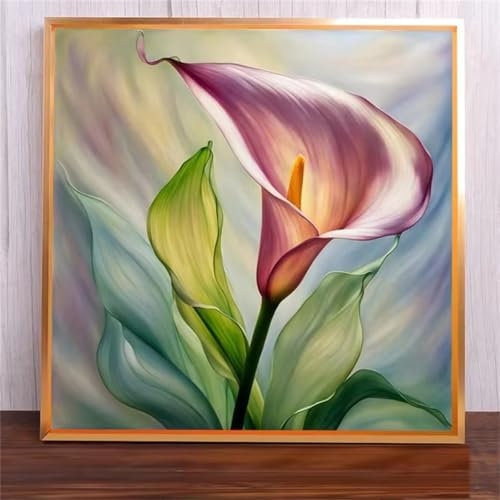 Suneve Malen Nach Zahlen Erwachsene,DIY Rosa Calla-Lilie Handgemalt Ölgemälde Kit Paint by Numbers mit 3-Pinseln und Acrylfarbe Ohne Rahmen für Geschenk Heimdekoration - 60x60cm