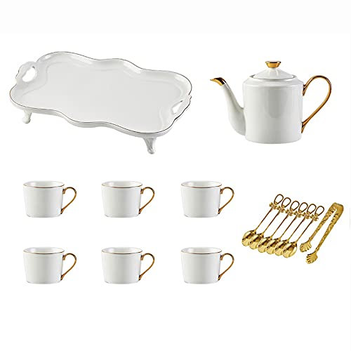 asdchZen White Porcelain Coffee Tea Set Tea Sets With Tray Teaspons, Tea Cup Teapot 1200Ml 6 Cups 240Ml, Modern Tea Service For Tea/Coffee/Water