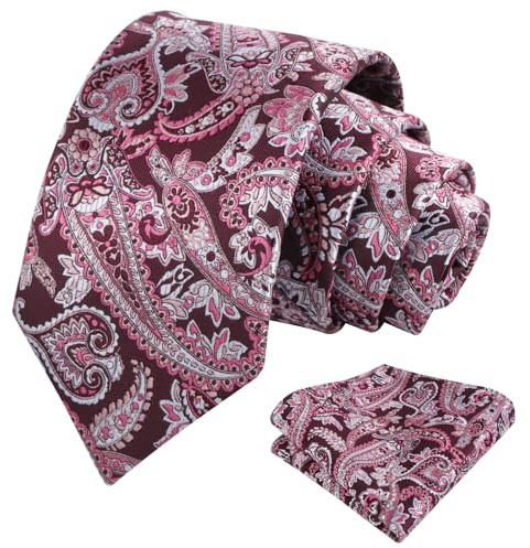Alizeal Cravate et mouchoir de poche pour homme Motif cachemire, Bordeaux + rose, taille unique
