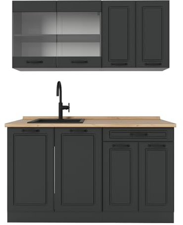 Vicco Singleküche R-Line, Anthrazit Landhaus, 140 cm | 4 Module · Höhenverstellbare Füße · Ohne Arbeitsplatte · MDF-Fronten · Mit Glasschrank · Frei kombinierbar