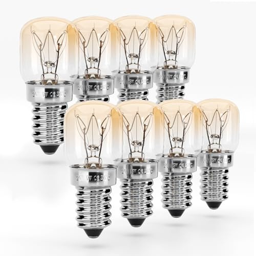 greate Backofenlampe E14 15W - 300 Grad hitzebeständig - 75 Lumen & 2700K | 8er Pack Backofen Lampe 15 Watt für Backöfen, Grillöfen, Mikrowellen - E14 Glühbirne