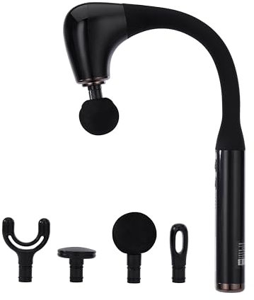 GEEPAS Curved Portable Massage Gun Deep Tissue | Extended Handle 4 Heads 5 Speed LED Indicator | Muscle Massager for Pain Relief USB-C Charging 15 Min Timer | Gifts for Men Women 2-Year Warranty Black