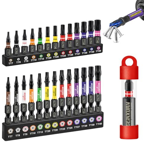 GEINXURN 27-teiliges Torx mit Loch Bit Set, Sicherheits-Torx T7-T40 | 25 mm 50 mm Lang, S2 Legierter Stahl, 1/4 zoll Sechskantschaft, Schrauber Bitsatz mit 60 mm Magnetische Bit-Halter