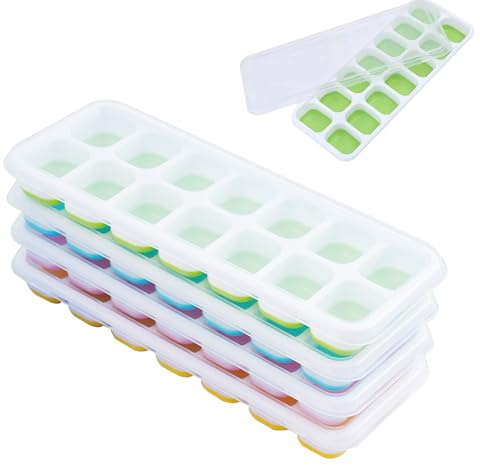 Ruayia Eiswürfelform Silikon, 4er Pack Eiswürfelbehälter Stapelbar Mit Deckel, Sichere Gesunde Eiswürfel Form, Platzsparend und stapelbar Ice Tray Ice Cube, BPA Frei (Rosa+Gelb+Grün+Blau)