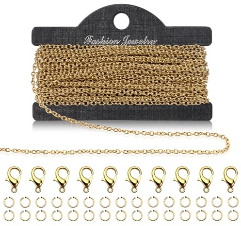 5m Gliederkette Gold, Edelstahl Schmuckkette zum Basteln, 3mm | Gliederkette Meterware Zubehör mit Ringen und Karabinerverschlüssen für Schmuck Diy Herstellung