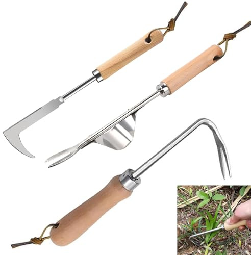 Lunyloer Garden Weeding Tool, 3PCS Hand Weed Remover Tool, Multifunctional Manual Weeder, Weed Puller with V-Shape Hook Stainless Steel Gardening Tools for Garden Lawn Yard Patio Transplant
