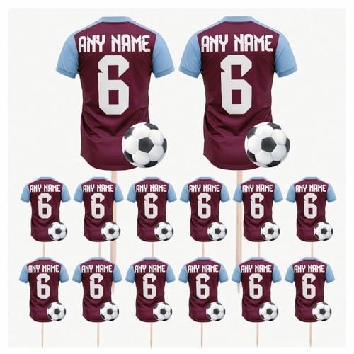 Personalised Football Shirt Toppers, Food Picks, Soccer Jersey Cupcake, Party Decorations, 14 Pack (CLARET AND BLUE)