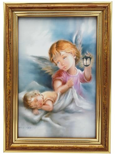 Lunexus Schutzengelbild Wandbild 12x17 cm – Engel mit Laterne Baby | Hochwertiger Kunstdruck im Echtglasrahmen - Echtholzrahmen goldfarben - gesegnet mit Zertifikat - Geburt, Taufe, Kinderzimmer