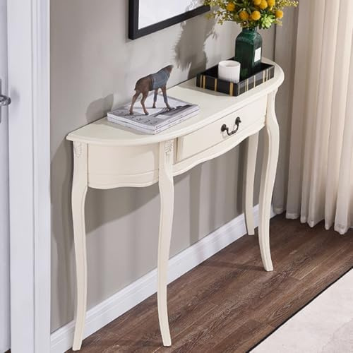 YVYKFZD Tavolo Consolle in legno, elegante Consolle Ingresso vintage con cassetto, Tavolo Console Tavolos da Ingresso a mezzaluna, Tavolos da Divano stretti(Milky white,L 90cm/35.4)
