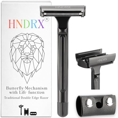 HNDRX® Rasierhobel Herren Safety Razor Damen Nassrasierer mit Butterfly Mechanismus 30° Winkel ink. 10 Japanische Rasierklingen (Obsidienne)