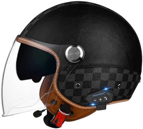 Casco Da Moto Jet Retrò Con Bluetooth, Casco Da Moto Vintage In Pelle 3/4 Con Doppia Visiera, Casco Da Ciclomotore Per Adulti, Certificato ECE, Caschi Per Uomo E Donna B1,L=57-60CM