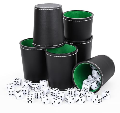 Biamaleu Set med 6 läderkubbar med 36 tärningar (16 mm), kubbar med tärningar, för vuxna, tärningsspel för bar, fest (svart)