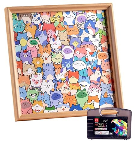 Marco De ROM-pecabezas De Madera para Gatos, ROM-pecabezas para Colorear De Madera 3D con Bolígrafos, Gatos Pintables Rompecabeza para Colorear para Niños Y Niñas, Manualidades