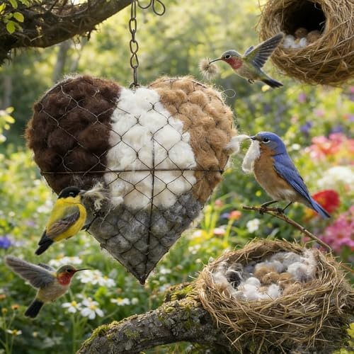 Handmade Alpaca Fiber Bird Nesting Heart, Refillable Heart Shape Hummingbird Nesting and 2 Bags of Nest Material, Winter Fowl Gifts Animal Hummingbirds Lovers Home Garden Yard (1pcs)
