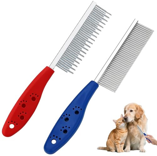 BaZuyunMd 2 Stück Hundekämme, Flohkamm für Katzen und Hunde, Flohkamm, Katzenkamm, Nissenkamm, Hunde Bürste, Katzen Bürste, in Blau und Rot, für Fellpflege und Flohentfernung bei Haustieren