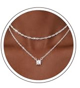 Aidenn Birthstone Necklace for Women 928 Sterling Silver, Double Layer Necklace with Cubic Zirconia Pendant, Layered Silver Necklace Adjustable, Personalised Jewellery Gift for Women Girlfriend